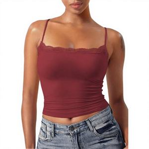 Camisola básica sin mangas de algodón para mujer al por mayor, con encaje, color liso, anti-bolitas, sexy, cuello cuadrado, top transpirable corto - Product Image 2