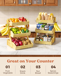 Bamboo Three-Layer <b>Standing</b> Type Fruit <b>Basket</b> & Bowl for Kitchen Countertop <b>Vegetable</b> Storage Eco-Friendly - Product Image 3