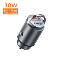 Chargeur de voiture portable ultra-mini 30W à double port USB-C PD QC3.0, charge rapide, protection OTP/OVP, anneau de traction en alliage d'aluminium pour