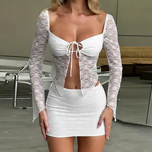 x09347c Square Neck Sheer Lace Tie Front Top and Skirt Co-ord Sets Outfits for Women Matching Sets Mini Skirt 2 Piece Sets
