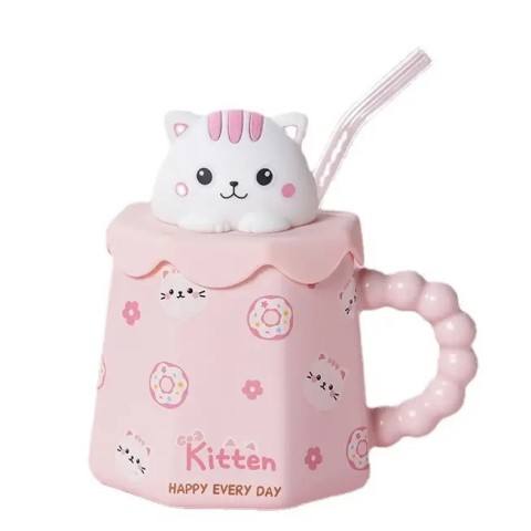 RTS Hot Sale Wholesale High Appearance Level Cartoon Sippy Cat Panda Bear Rabbit Ceramic Mug With Lid Gift Cup Handmade Cute