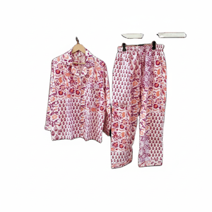 Conjunto de Pijama largo bohemio hippie al por mayor Rosa 100% algodón camisa pantalón parche estampado ropa de dormir para verano talla grande traje de noche - Product Image 1