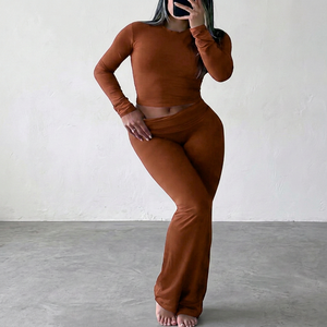Women's Solid Color Thermal <b>Flared</b> High Waist Full Length Seamless Stretch Knit <b>Leggings</b> Gym Casual Lounge Wear - Product Image 3
