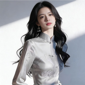 Chemisier gris imprimé style chinois pour <span class=keywords><strong>femme</strong></span>, nouvelle collection printemps 2026, ajusté à la taille, avec boutons grenouille rétro, manches longues - Product Image 1