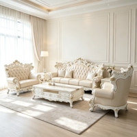 Ensemble de canapés en cuir véritable sculpté en bois massif de style rococo européen de luxe pour villa, salon, mobilier de maison, vente en gros