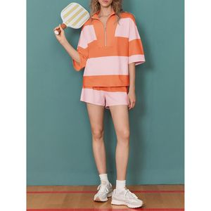 Fisoew Conjunto de 2 piezas con cuello alto y manga tres cuartos para mujer, sudadera a rayas, pantalones cortos, conjunto deportivo de verano, transpirable, de punto - Product Image 5
