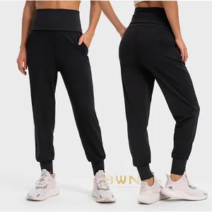 High Quality Women Side Pockets Loose Solid Color Sports Yoga Pants Ribbed Waist And Leg Hole Custom Logo Fitness Sweaters Pants