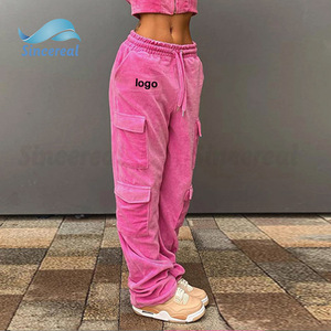 Felpa con cappuccio e pantaloni con tasca grande in velluto rosa di alta qualità in velluto due pezzi Set tuta da donna - Product Image 3