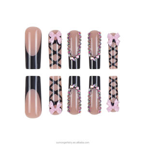 Puntas de Uñas Estilo Occidental <span class=keywords><strong>con</strong></span> Diseño de Lazo Negro y Líneas Cruzadas, Apliques Removibles de Perlas y Diamantes de Imitación - Product Image 2