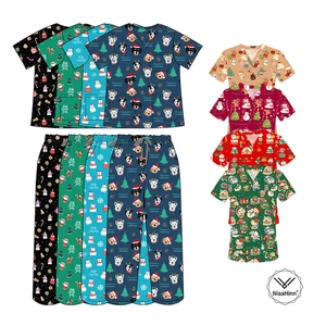 Ensembles de gommage à motifs imprimés personnalisés Haut col en V à manches courtes unisexe Uniforme de gommage imprimé médical de Noël - Product Image 5