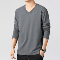 T-shirt en coton épais 250g pour hommes, haut à manches longues et col en V, couleur unie, décontracté, design vierge, chemise de fond, vente en gros