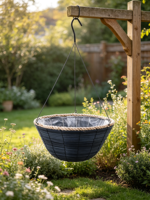 Panier suspendu tissé bleu marine avec bord en corde beige, 3 crochets métalliques, style américain, pot de fleurs de jardin sculpté à la main pour la maison