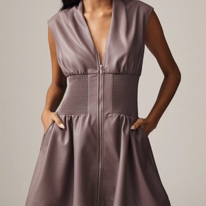 Vestido casual floral de piel sintética con cremallera frontal, bordado de encaje hueco, largo maxi, cintura natural, logo frontal, para verano - Product Image 1