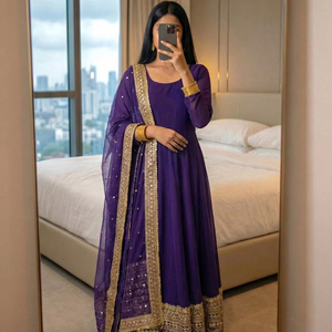 Women's Designer <b>Silk</b> Anarkali <b>Kurta</b> Set Heavy Border Matching Dupatta Digital Print Lace Work Modern Party Wedding Diwali Wear - Product Image 1