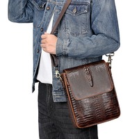 Sac bandoulière homme en cuir véritable, style vintage grain crocodile, décontracté et élégant, en cuir de vachette première couche, pour sports de plein air, avec intérieur polyester