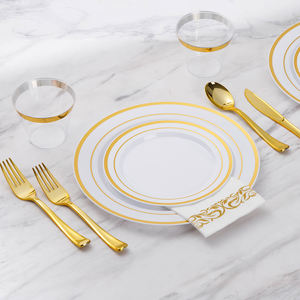 Service de table <span class=keywords><strong>jetable</strong></span> en <span class=keywords><strong>plastique</strong></span> doré 175 pièces pour 25 invités, assiettes, serviettes, gobelets, couverts, <span class=keywords><strong>vaisselle</strong></span> de fête de mariage - Product Image 5