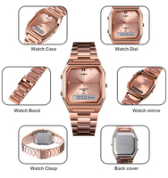 Montre-bracelet numérique de luxe tendance à double fuseau horaire, boîtier carré en alliage, bracelet en acier inoxydable, étanche, chronographe, alarme, date, minimaliste