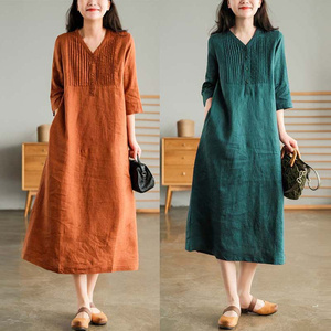 Abiti Estivi da Donna Casual Novità 2025 Stile Vintage Scollo a V Tinta Unita Larghi in Lino Mezza Manica Lunghi - Product Image 2