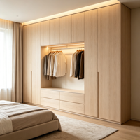 Armoire pleine hauteur avec finition grain de bois naturel, unité de rangement pour vêtements, éclairage LED, construction durable, chambre à coucher