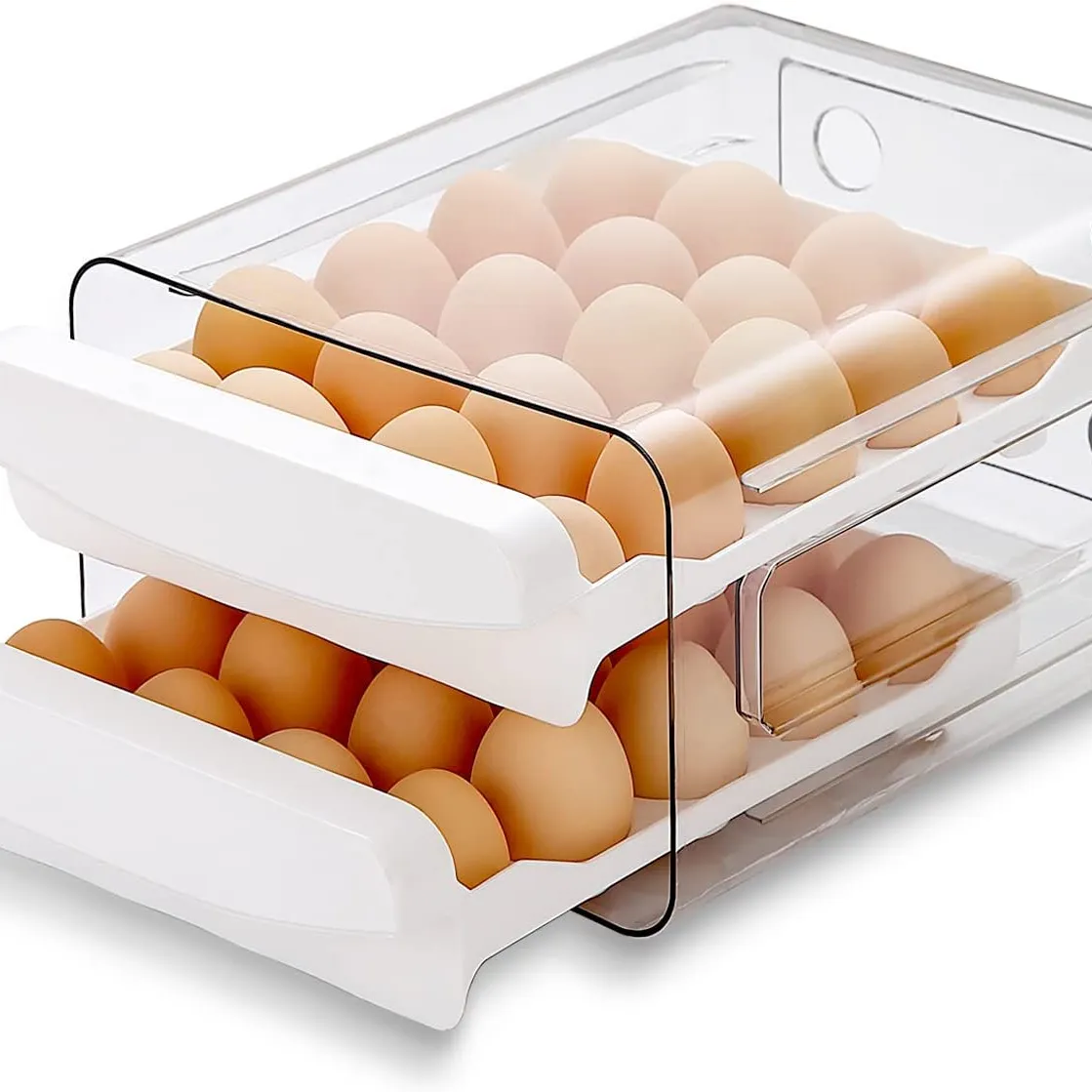 ढक्कन के साथ 2 स्तरीय प्लास्टिक अंडा भंडारण धारक ट्रे अंडा आयोजक रेफ्रिजरेटर के लिए 40 ग्रिड दराज प्रकार अंडा भंडारण बॉक्स