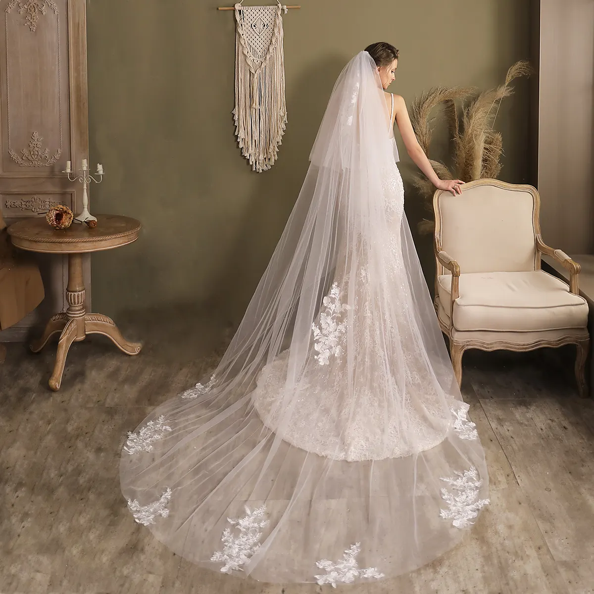 V829 Luxurious Chapel Wedding Bridal Veil Two-Layer Cut Edge Soft Tulle Lace Appliqued Marriage Bride Veil