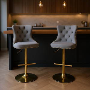 Tabourets de bar gris capitonnés, hauteur réglable de 25 à 33 pouces, pivotants dorés, siège moderne rembourré en velours, mobilier pour la maison et les bars - Product Image 2