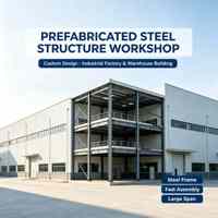 Atelier préfabriqué en structure métallique, bâtiment industriel à ossature métallique, entrepôt