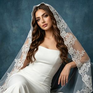 Voile de mariée à 2 couches sans peigne, romantique, brodé, avec appliques en dentelle, élégant, en tulle ivoire, voile de mariée pour la mariée et la fête - Product Image 3