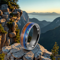 Poya Koa Bague en tungstène bleu avec coquille d'ormeau écrasée Lignes de pêche classiques plaquées noires pour cadeau de fiançailles Fête d'anniversaire