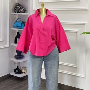 HK72888 Camicie Estive Personalizzate da <span class=keywords><strong>Donna</strong></span>, Manica Lunga <span class=keywords><strong>con</strong></span> Colletto POLO, Camicie a Righe Blu Larghe, Eleganti Bluse per Donne - Product Image 1