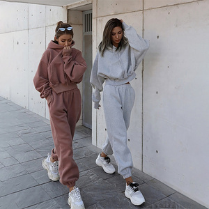 Conjunto de sudadera con capucha y Logo personalizado <span class=keywords><strong>para</strong></span> <span class=keywords><strong>Mujer</strong></span>, Top corto de Fitness en blanco <span class=keywords><strong>para</strong></span> exteriores, conjunto informal de manga larga, Tops cortos sólidos, conjunto de pantalones - Product Image 1