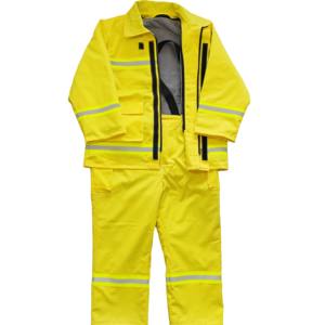 بدلة إطفاء حريق معتمدة من CE مصنوعة من القطن المقاوم للحريق، سترة وبنطلون باللون الأصفر الفلوري مع شريط عاكس - Product Image 1