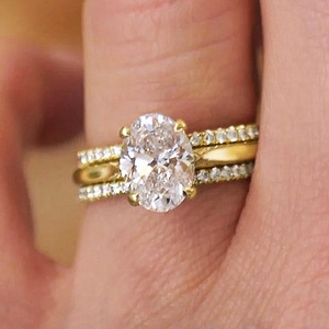 Oval Zircon <b>Ring</b> <b>Set</b> Gold Three Piece Wedding Jewelry For <b>Women</b> Claw Setting Geometric Design - Product Image 2