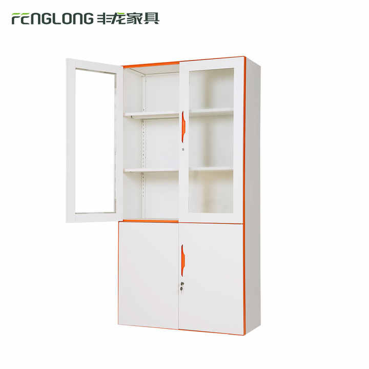 Modern Design Office Metal File Storage Cabinet 4 Door Knock-Down Structure for School Library Glass Swing Supermarket Hospital