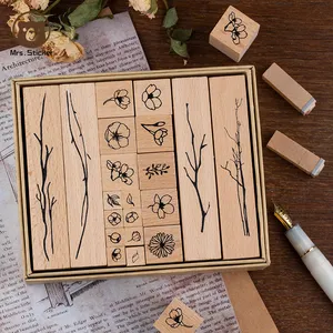 20 Buah/Set Set Perangko Karet Kayu Tanaman Antik Set Ukuran Campuran DIY Dekorasi Buku Tempel Kerajinan Kayu Segel Retro