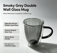 Mug en verre à double paroi Wuso fait main en borosilicate, gris fumé intérieur, à nervures verticales, avec anse noire, résistant à la chaleur et isolé