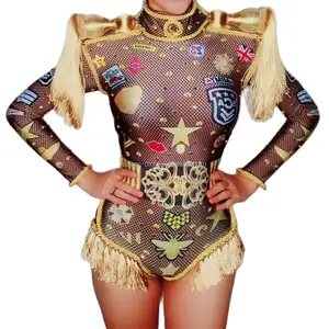 Rhinestones Stage Leotard Women Showgirl Stage Performance Wear Club Dance Bodysuit Plus Size