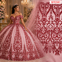 Tela de Brillo con Lentejuelas Personalizada T-win, Tela de Encaje con Lentejuelas Brillantes de Cristal Rojo, Bordado de Flores con Lentejuelas, Tul Bordado 3D