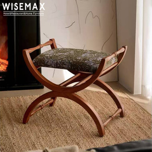 WISEMAX Furniture Medieval Style Home Furniture Solid Wood Stools Ottomans Retro Upholstery Fabric <strong>Low</strong> <strong>Footstool</strong> for Living Room - Product Image 4