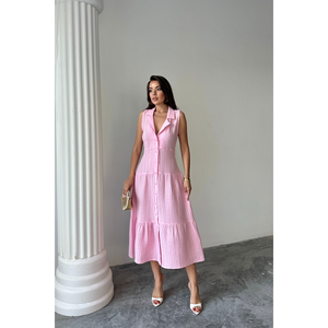 Elegante Vestido Camisero Rosa de Muselina sin Mangas con Cuello para Mujer, Abotonado al Frente, Largo hasta la Rodilla, para Oficina o Fiesta, Tallas XS-XL, con Decoración Fruncida - Product Image 2