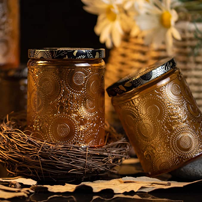 Amber Embossed Glass Candle Container with Lid and Labels, 8 oz - Pack of 9