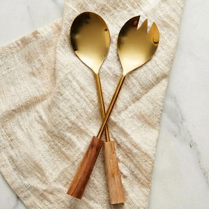 Wooden Handle Sleek Matte Gold Finished Stainless Steel Salad <b>Server</b> Perfect For Restaurants Hotel And Resort - Product Image 1