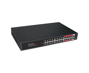 Switch PoE de 24V con 24 Puertos PoE 10/100M + 2 Puertos Uplink RJ45 10/100/1000M + 1 Puerto SFP de Fibra 1000M para CCTV - Product Image 4