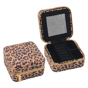 Wholesale Luxury Leopard Print Zip Mini Ring Necklace Jewellery Storage Case Mirror Velvet Travel Box Jewelry