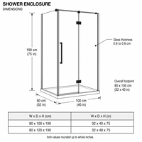 Cabine de douche à cadre noir avec porte battante en verre trempé de 6-8 mm, enclos rectangulaire de 800x1000 mm et receveur de douche blanc