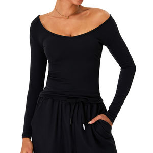 Top de fitness de manga larga ligero y transpirable para mujer, cuello en V convertible y hombros descubiertos, ajustado para exteriores - Product Image 5