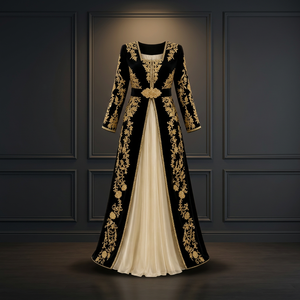 Elegante Vestido Formal Vintage de Terciopelo Negro, Tejido, de Color Sólido, Largo hasta el Suelo, sin Cuello, de Manga Larga, Estilo Chinoiserie - Product Image 2