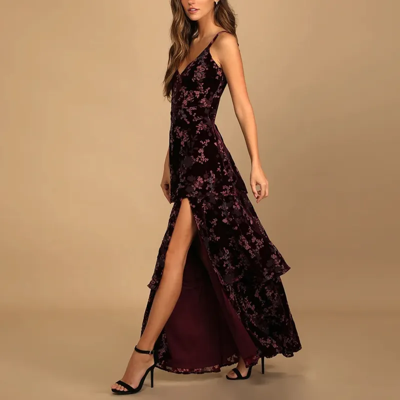 Dark Red A-Line Long Evening Dress V-Neck Sleeveless Sling Floor Lace Formal Party Dress Prom Dress