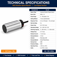 Capteur de vitesse inductif M30 pour surveillance de la vitesse de rotation 6-150 imp/min, détection de sous-vitesse, 2 fils, AC/DC 24-240V, IP67