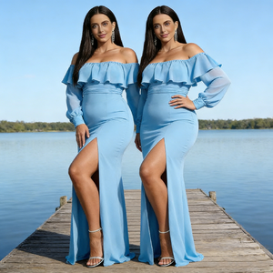 Robe de soirée élégante en mousseline de soie bleu ciel, épaules <span class=keywords><strong>d</strong></span>énudées, manches longues, fente latérale, pour les occasions spéciales - Product Image 1